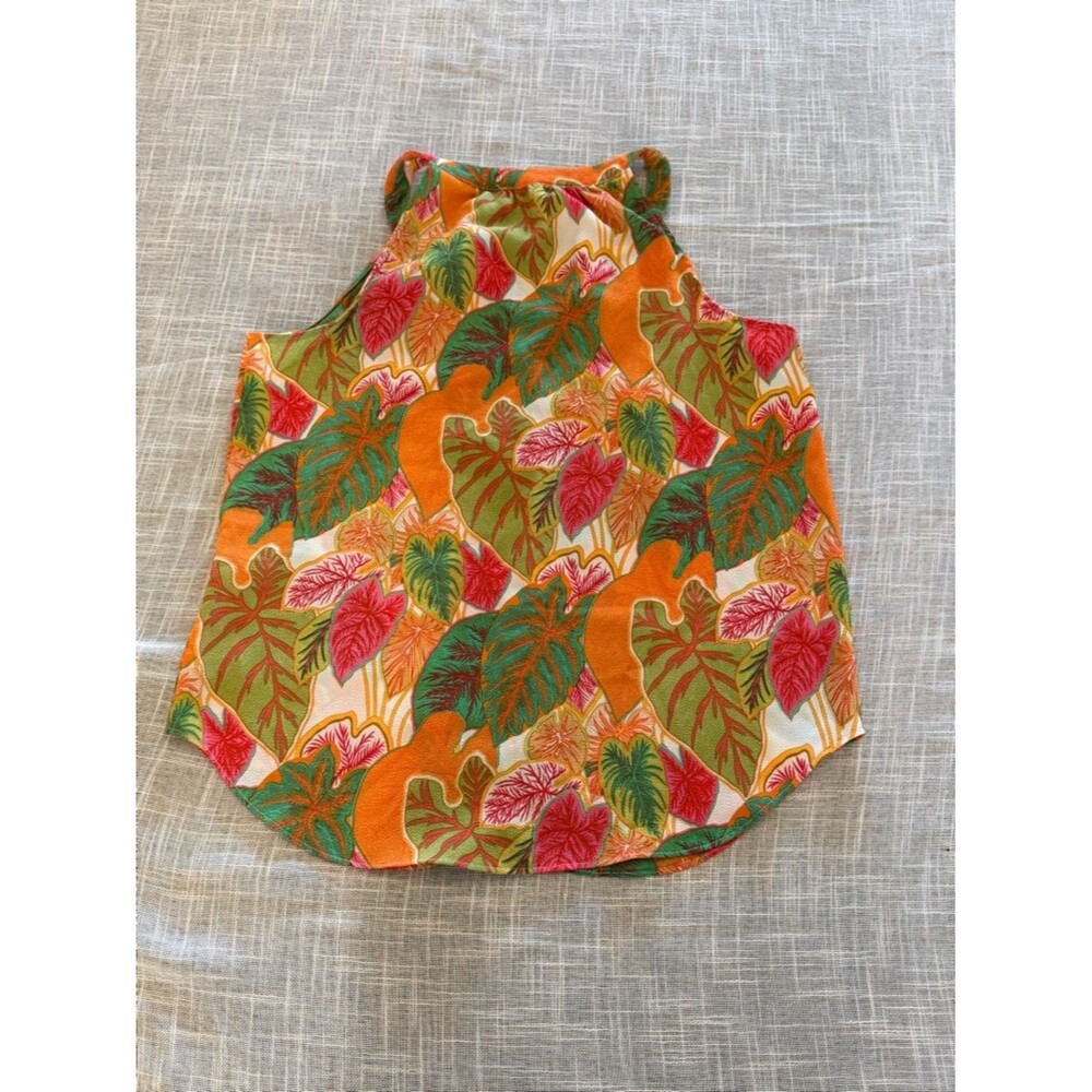 Rose Olive Tropical Sleeveless Blouse Womens Medium Tie Neck - Picture 4 of 9
